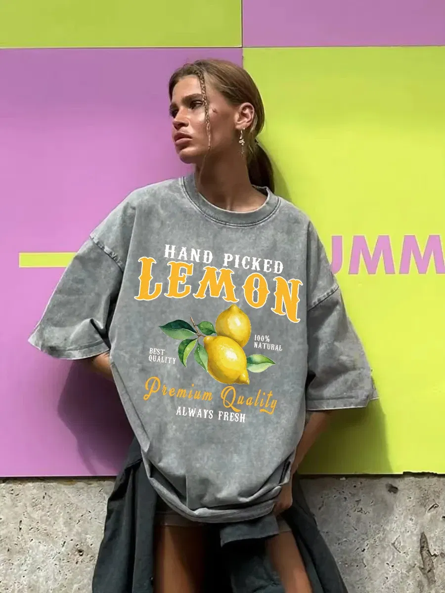 Color: Dark Grey, Size: S - Summer Lemon Washed T-Shirts Womens Cotton Oversized O-Neck T Shirts Fresh Fruit Prints Tops Casual Short Sleeve Woman Clothes