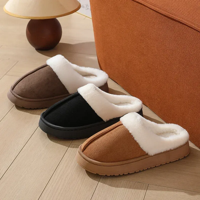 Color: Straw, Shoe Size: 36-37, Ships From: CHINA - Asgard Plush Women Slippers Thick Sole Non-slip Outdoor Fuzzy Slides Winter New Fur Collar Cotton Shoes Winter Warm Home Slipper