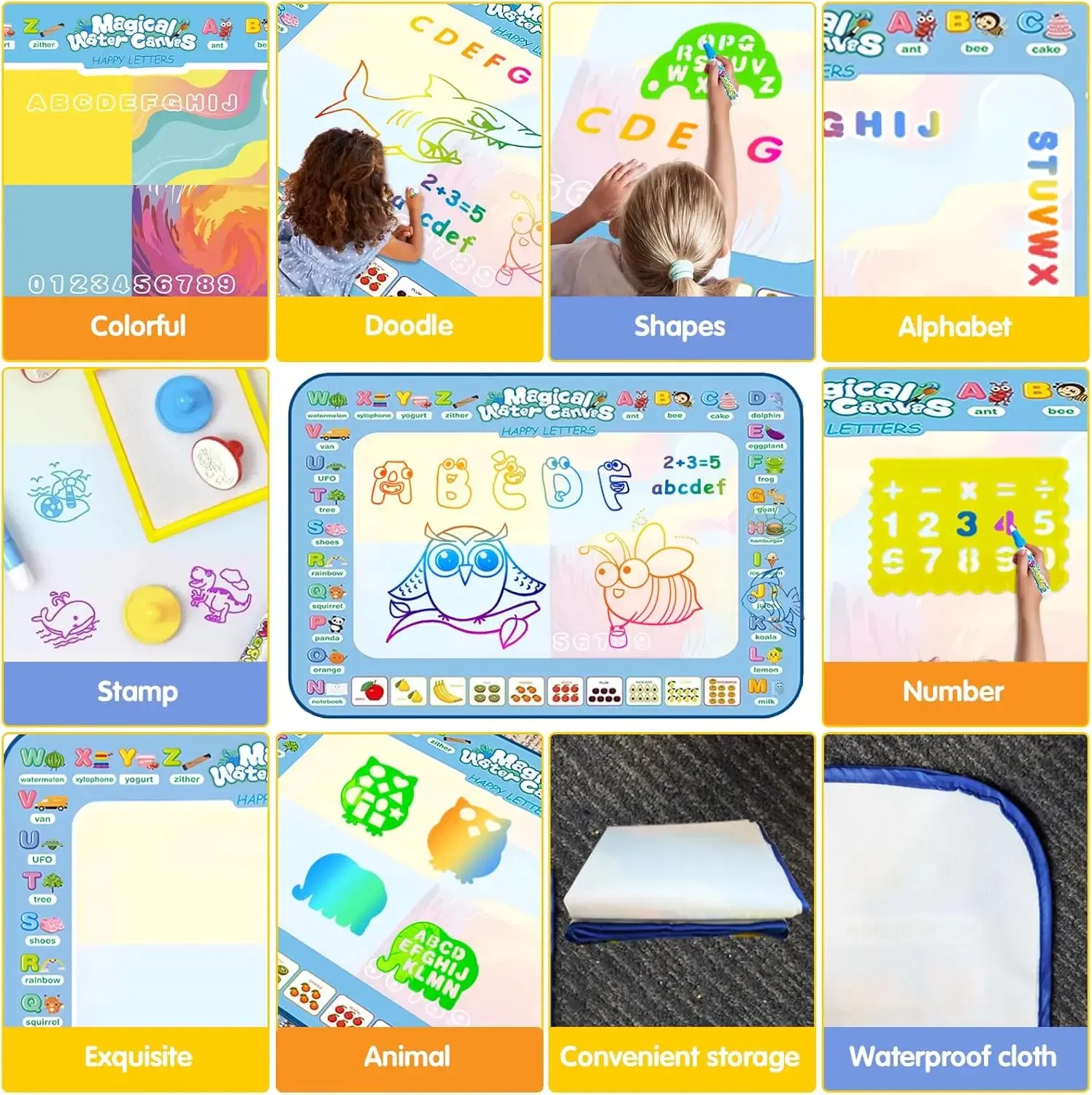 Color: light yellow - Magic Water Drawing Mat Coloring Doodle Mat with Reusable Magic Pens Montessori Toys Painting Board Educational Toys for Kids