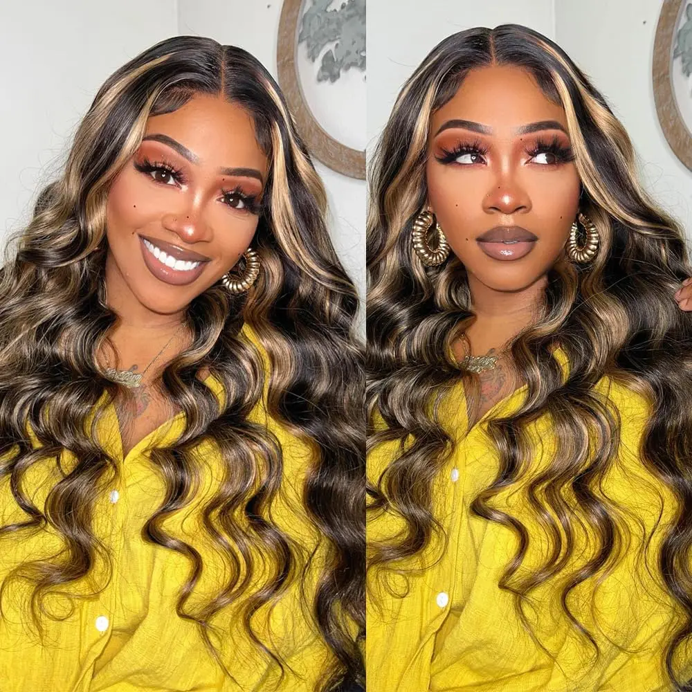 Hair Color: #6, Stretched Length: 30inches, Density: 180% - Highlight Blonde #1B/27 13X4 Lace Front Wigs Boday Wave Human Hair Transparent Lace Frontal Wigs Pre Plucked For Salon Quality