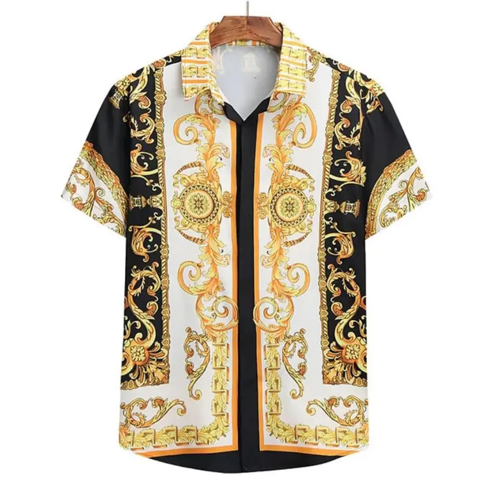 Color: Beige, Size: S - Summer Fashion Men's Short Sleeve Casual Shirts Luxury Style Gold Printed Tops Everyday Casual Wear Men's Shirts Oversized Tops