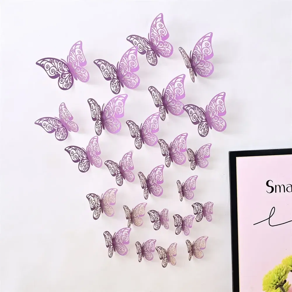 Color: Light Grey - 12 Pieces 3D Hollow Butterfly Wall Sticker Bedroom Living Room Home Decoration Paper Butterfly