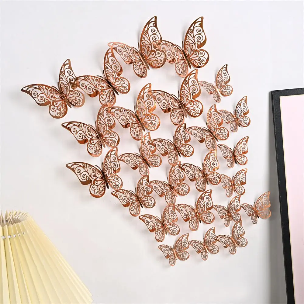 Color: Light Grey - 12 Pieces 3D Hollow Butterfly Wall Sticker Bedroom Living Room Home Decoration Paper Butterfly