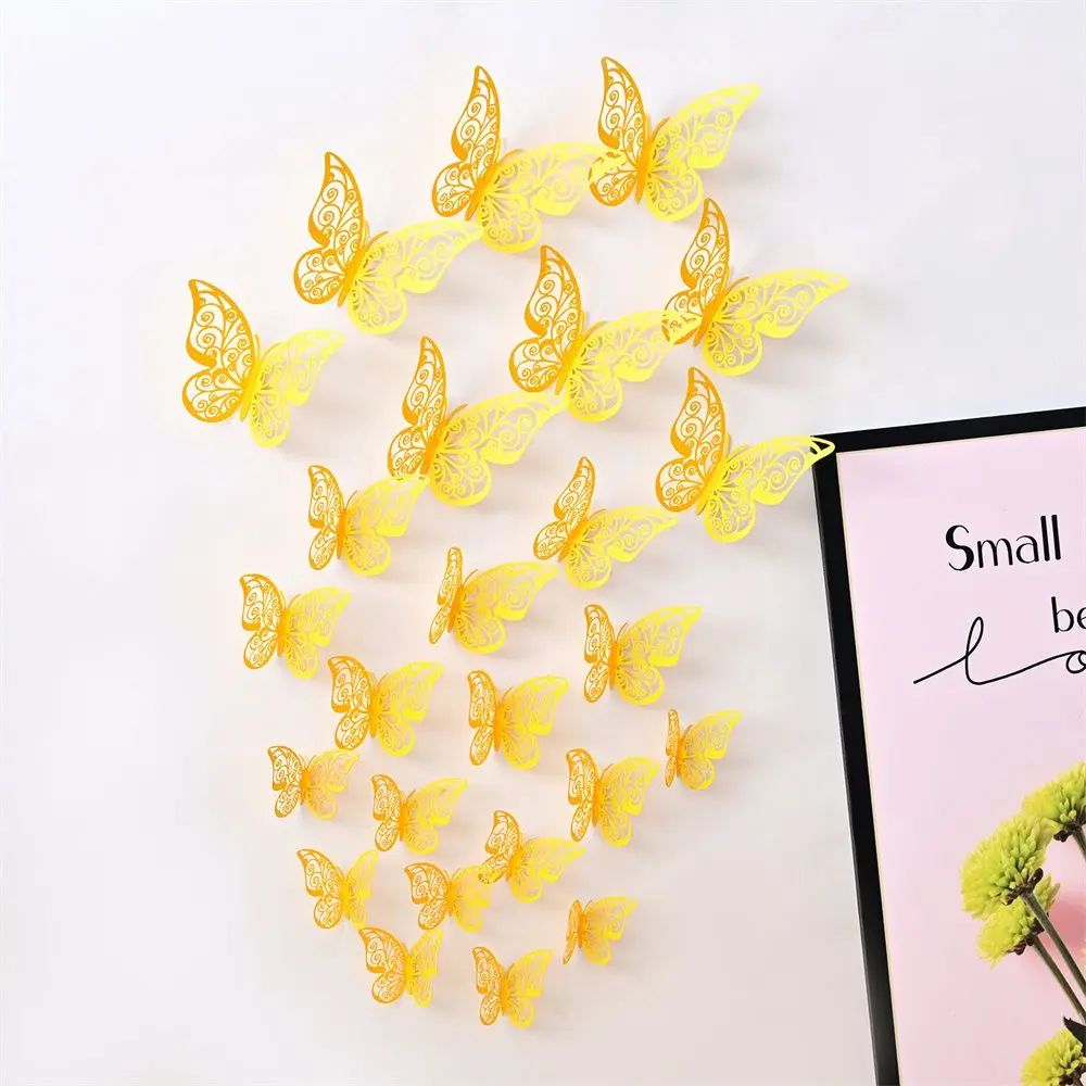 Color: Light Grey - 12 Pieces 3D Hollow Butterfly Wall Sticker Bedroom Living Room Home Decoration Paper Butterfly