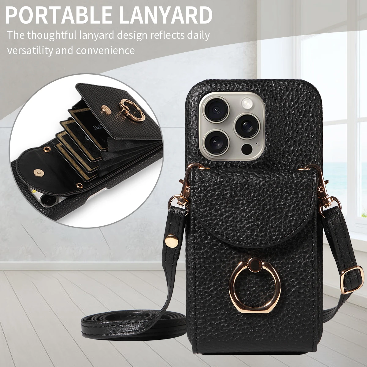 Color: Khaki, Compatible-Phone Models: For iPhone 16, Bundle: Case & Strap, Material: Artificial Leather - High Quality Ring Stand Lychee Pattern Phone Case for IPhone16promax15 14 13 Crossbody with Lanyard PU Leather Anti-fall Cover