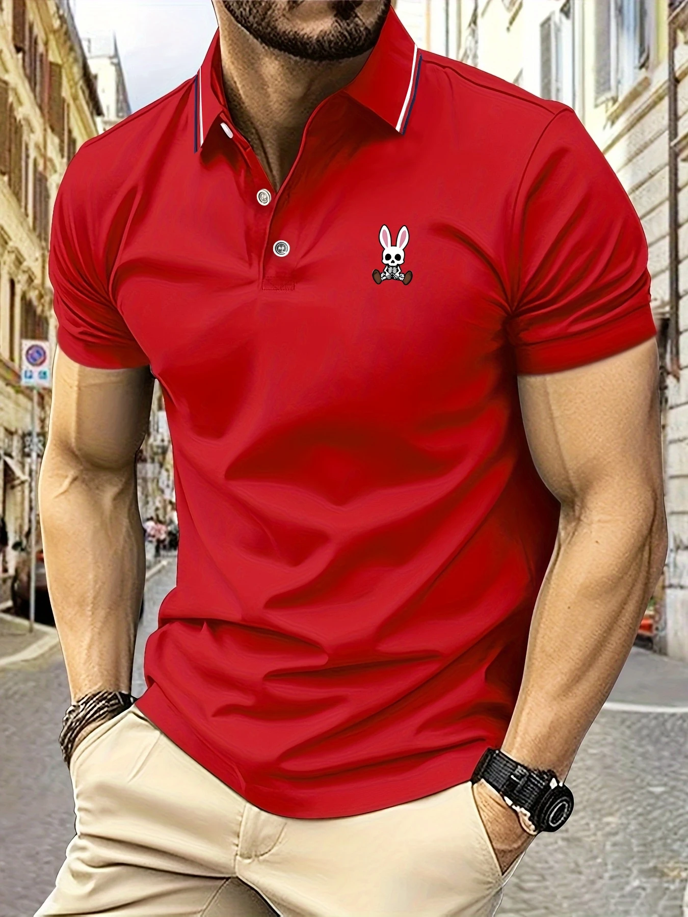 Color: Blue, Size: XXL - Mens Polo Shirts Skulls Rabbit Print 2025 New Summer Lapel Stripes Men Short Sleeve Casual Breathable Light Luxury T-Shirt