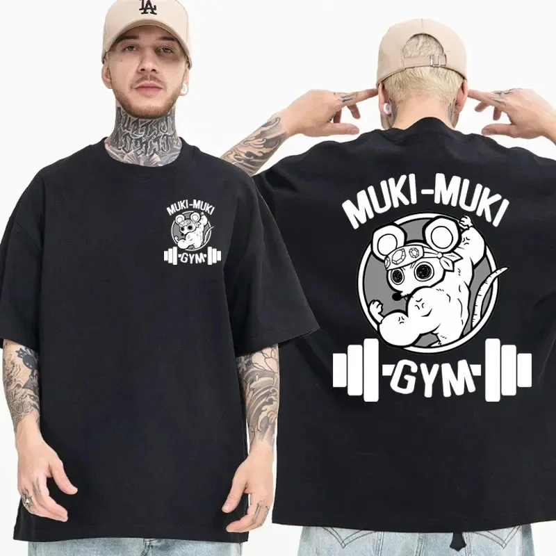 Color: black, Size: XXL - Anime Demon Slayer Uzui Tengen Print T-shirts Unisex Funny Ninja Mice Muki Muki Gym T Shirt Muscular Mouse Oversized T-shirt
