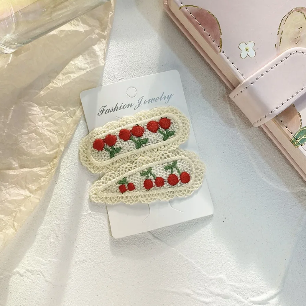 Color: Lavender - 2Pcs Sweet Girl Embroidery Hairpin Lace Side Clip Cute Kids Hair Ornament Pastoral Style Fruit Pattern Headwear