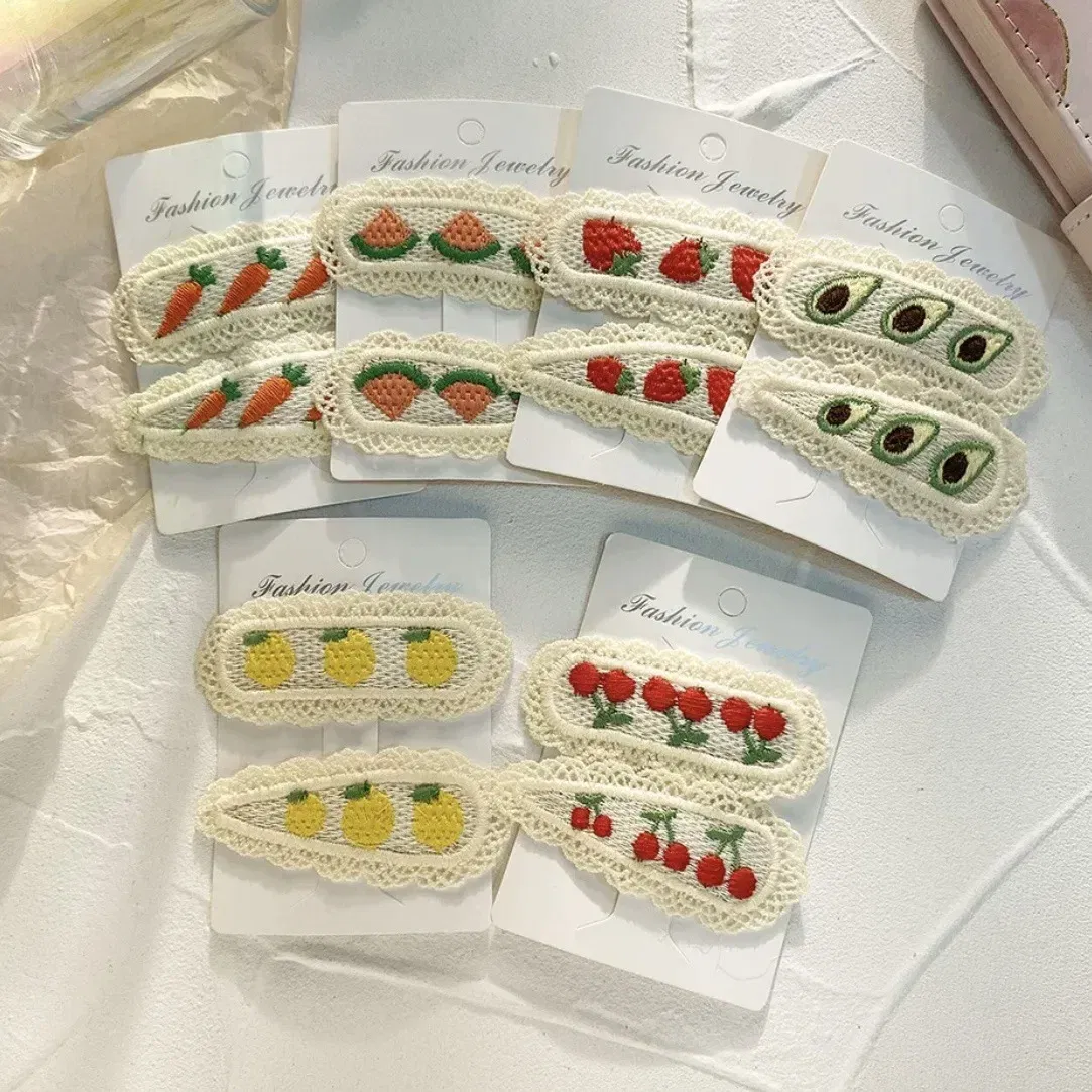 Color: Lavender - 2Pcs Sweet Girl Embroidery Hairpin Lace Side Clip Cute Kids Hair Ornament Pastoral Style Fruit Pattern Headwear