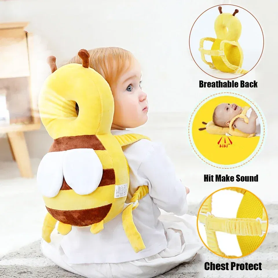 Color: GRAY - Head Back Protector Baby Protect Pillow Learn Walk Headgear Prevent Injured Safety Pad prevention Fall Cartoon Bee Kids Pillows