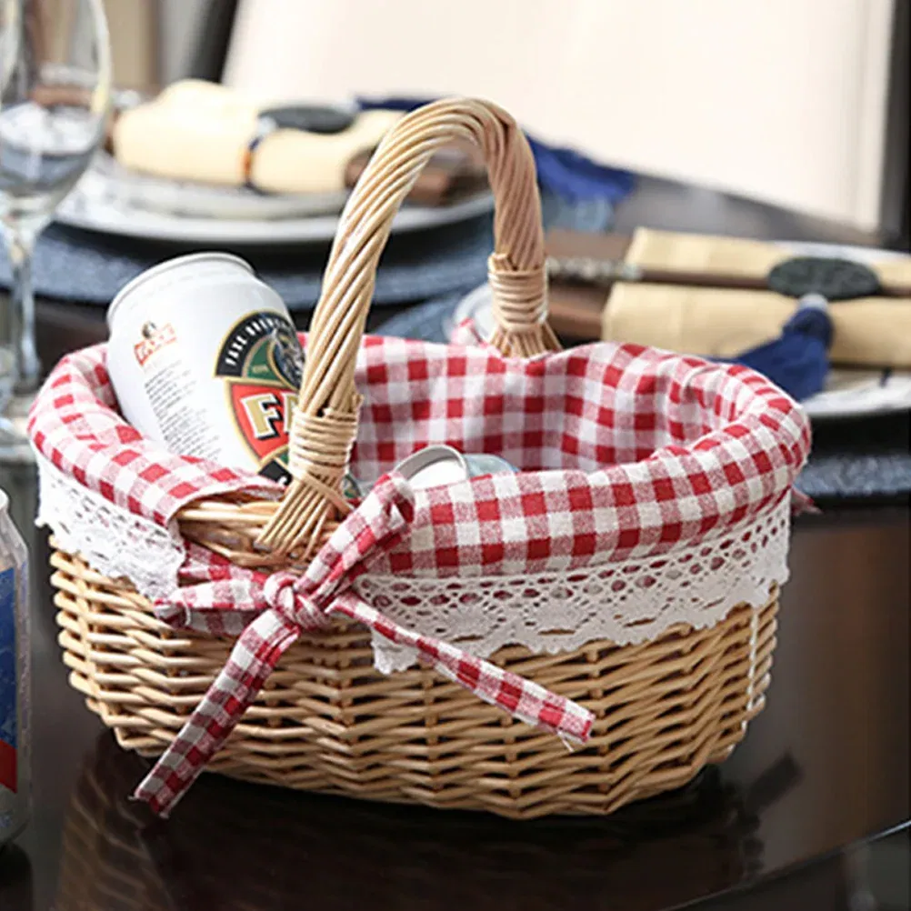 Color: WHITE - Basket Storage Wicker Woven Picnic Flower Willow Baskets With For Bread Fruit Handles Handheld Flowers Kitchen Vegetable Easter