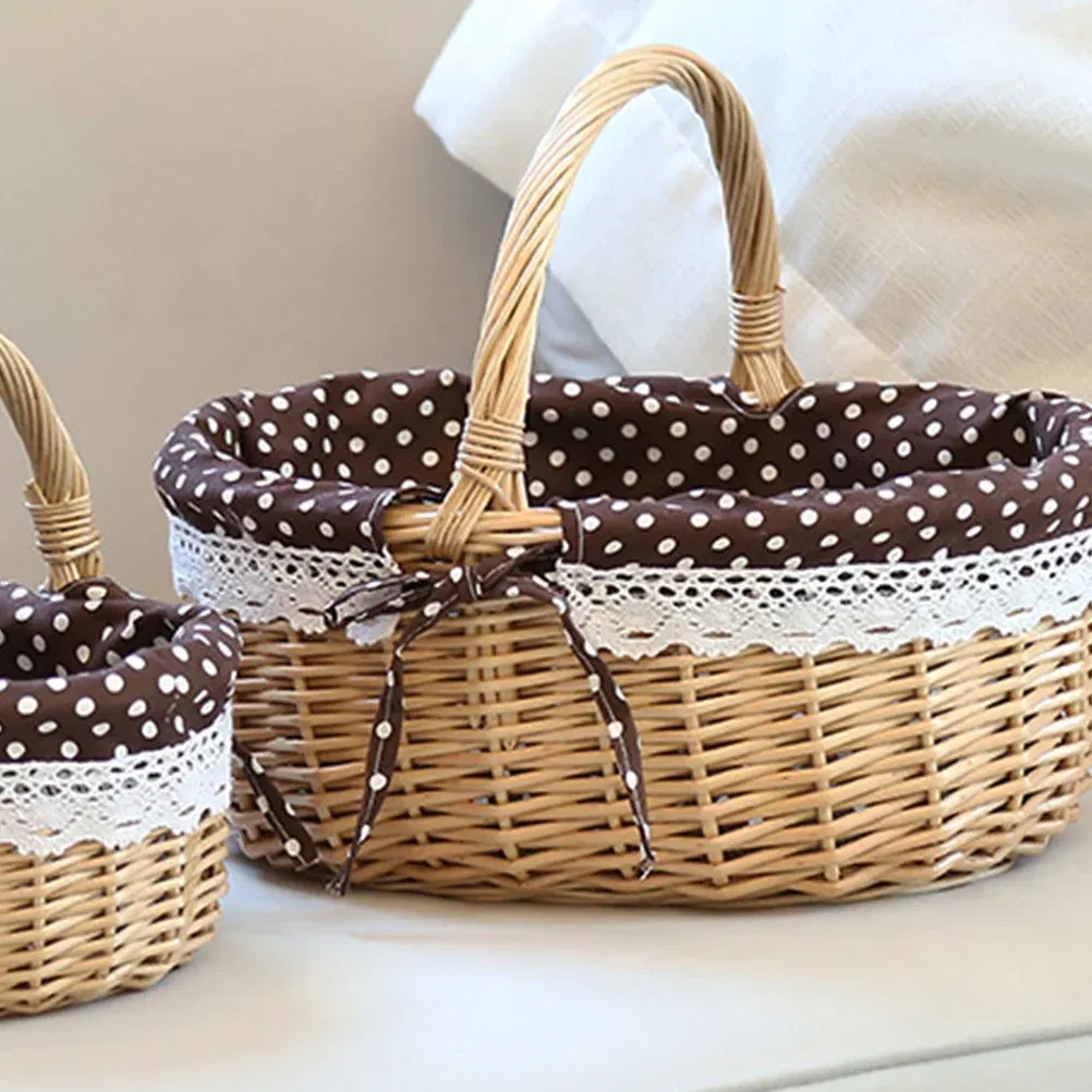 Color: WHITE - Basket Storage Wicker Woven Picnic Flower Willow Baskets With For Bread Fruit Handles Handheld Flowers Kitchen Vegetable Easter