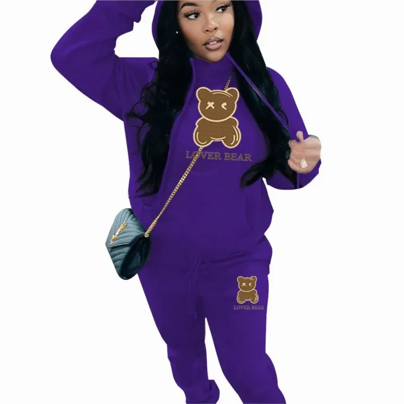 Color: Silver, Size: S - 2 Piece Set Women Outfit Letter Bear Print Hooded Neck Hoodies Sweatshirt Pants Tracksuit 2024 Plus Size Streetwear Casual Suit