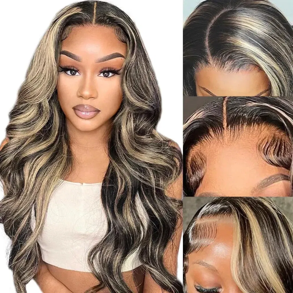 Hair Color: #6, Stretched Length: 30inches, Density: 180% - Highlight Blonde #1B/27 13X4 Lace Front Wigs Boday Wave Human Hair Transparent Lace Frontal Wigs Pre Plucked For Salon Quality