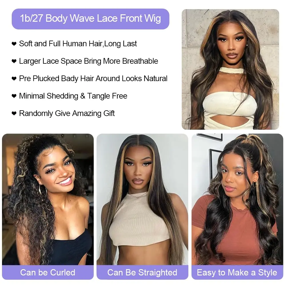 Hair Color: #6, Stretched Length: 30inches, Density: 180% - Highlight Blonde #1B/27 13X4 Lace Front Wigs Boday Wave Human Hair Transparent Lace Frontal Wigs Pre Plucked For Salon Quality