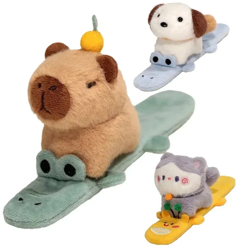 Color: black, Height: 0-10cm - Capybara Slap Snap Wrap Capibara Plushie Wristband Bracelet Kawaii Cute Dog Cat Plush Toy Hand Ring Creative Funny Gift