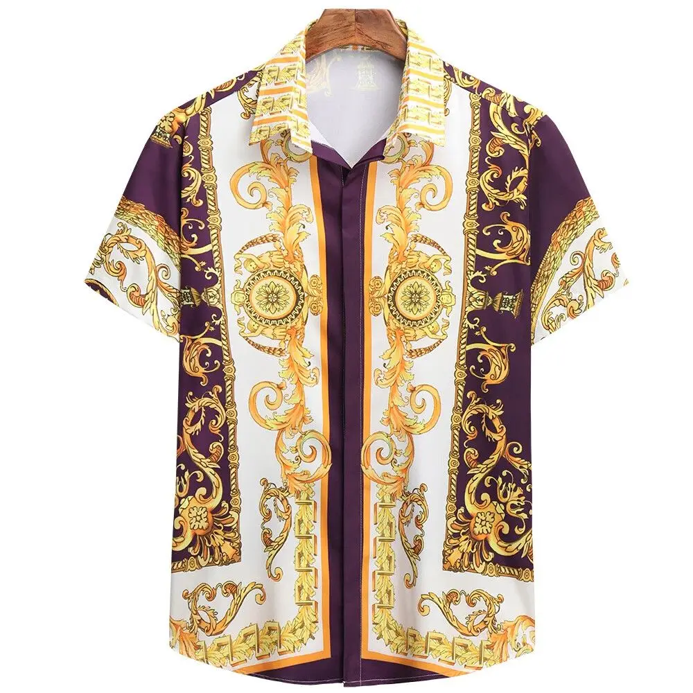 Color: Beige, Size: S - Summer Fashion Men's Short Sleeve Casual Shirts Luxury Style Gold Printed Tops Everyday Casual Wear Men's Shirts Oversized Tops