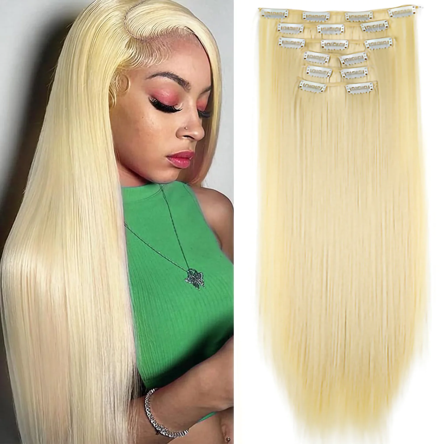 Color: #144, Stretched Length: 24inches - 24Inch 16 Clips in Hair Extensions Long Straight Hairstyle Synthetic Blonde Black Hairpieces Heat Resistant False Hair Daily Use