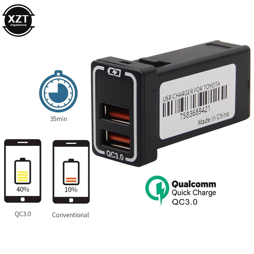 Color Name: PURPLE - Universal Dual USB Port Car Charger AUX Audio Socket QC3.0 Quick Charging Adapter with LED Voltmeter Display For Toyota