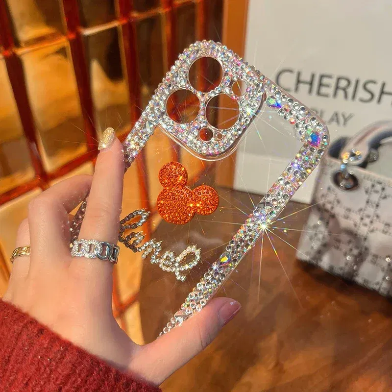 Color: Beige, Material: Vinyl - Bling Glitter 3D cute cartoon Diamond soft silicon phone case For iphone 15 14 13 12 11 Pro Max 7 8 Plus X XS XR MAX Clear Cover