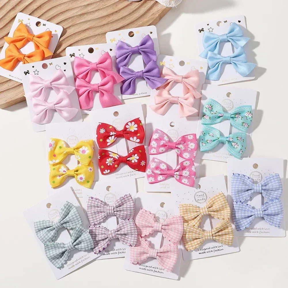 Color: Red - 2Pcs/Set Solid Color Kids Bows Hair Clips for Baby Girls Handmade Plaid Bowknot Hairpin Barrettes Photograph Hair Accessories