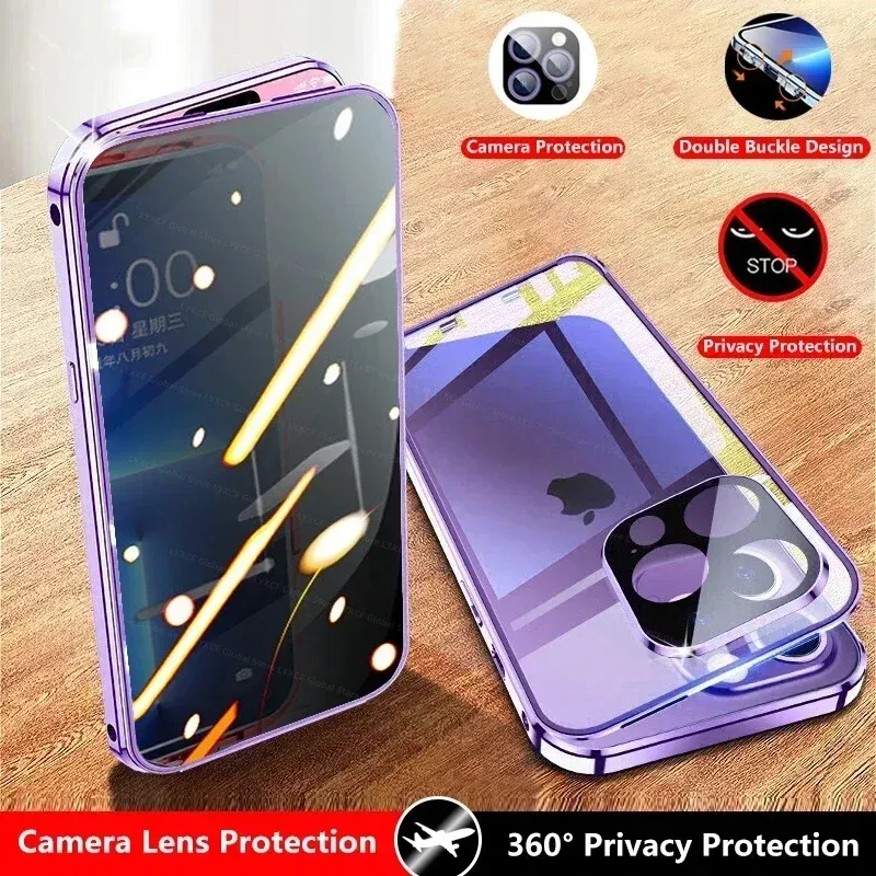 Color: Blue, Material: TPU - Double-Sided Privacy Magnetic Case For iPhone 16 12 13 14 15 11 Pro Max 14 Plus 16 Plus Anti Peeping Full Cover Metal Frame Case