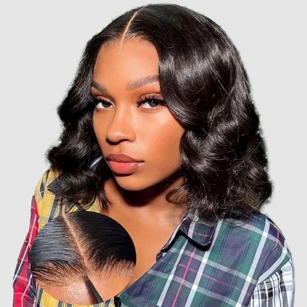 Hair Color: #1, Ships From: CHINA, Stretched Length: 16inches, Density: 150% - 7x5 Glueless Ready To Wear And Go Pre plucked 180 Density Body Wave Short Bob Human Hair Wigs 13x4 Lace Frontal Human Hair Wig