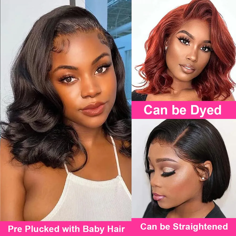 Hair Color: #1, Ships From: CHINA, Stretched Length: 16inches, Density: 150% - 7x5 Glueless Ready To Wear And Go Pre plucked 180 Density Body Wave Short Bob Human Hair Wigs 13x4 Lace Frontal Human Hair Wig