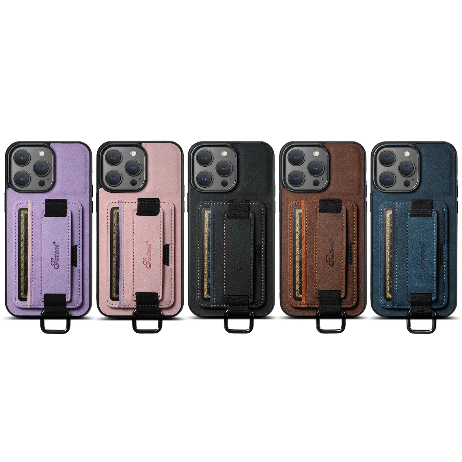 Color: pink, Material: CANVAS - SUTENI Lychee skin print wrist strap card phone case Card holder for iPhone 16 ProMax 15 Plus 14 13 12 11 XR XS Black/blue/brown