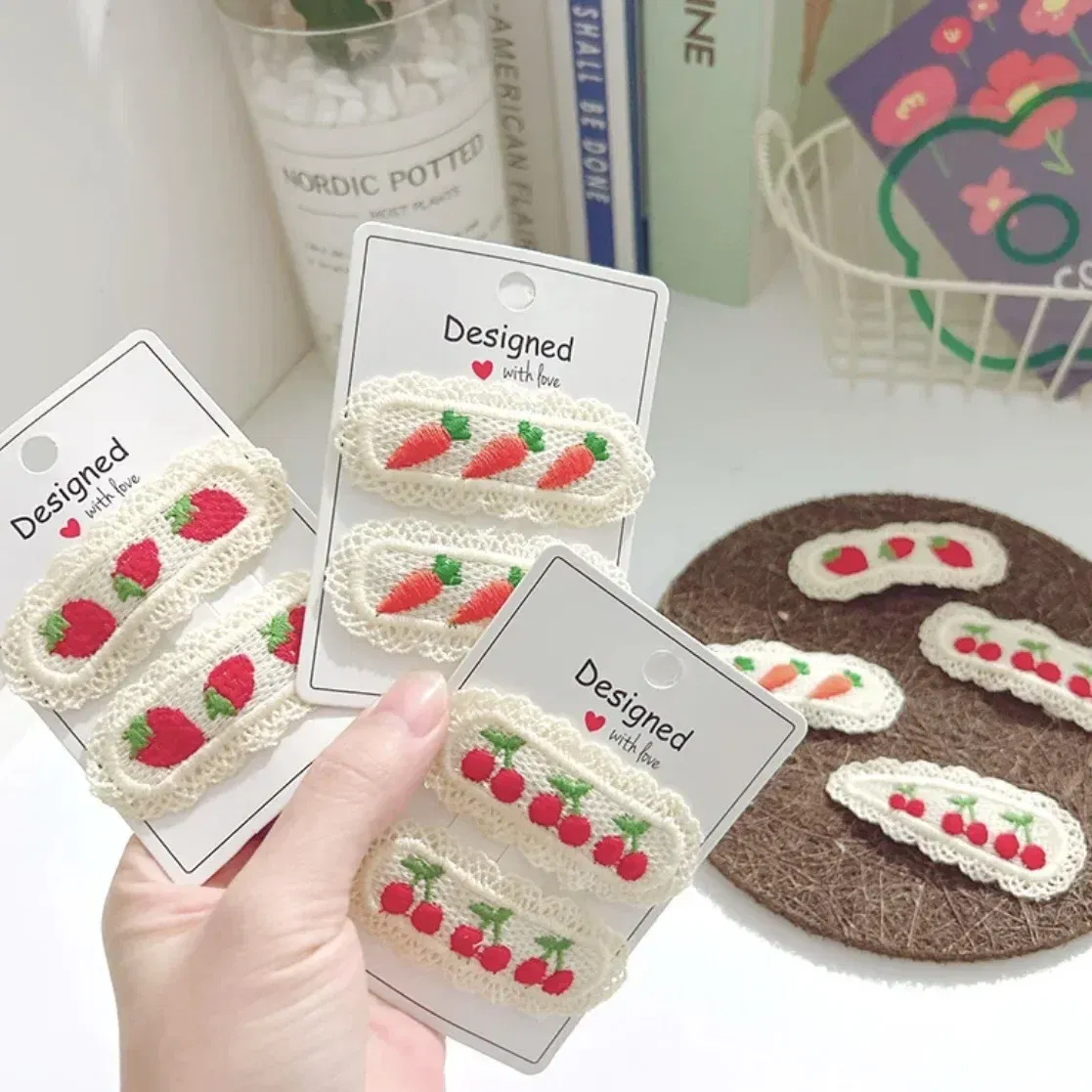 Color: Lavender - 2Pcs Sweet Girl Embroidery Hairpin Lace Side Clip Cute Kids Hair Ornament Pastoral Style Fruit Pattern Headwear