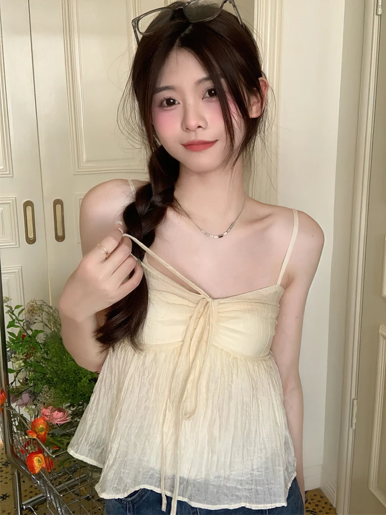 Color: green, Size: L - Women Linen Sweet Babydoll Ruffle Crop Sleeveless Top Thin Strap Front Bow Ties Flowy Camis Female Korean Tank Top