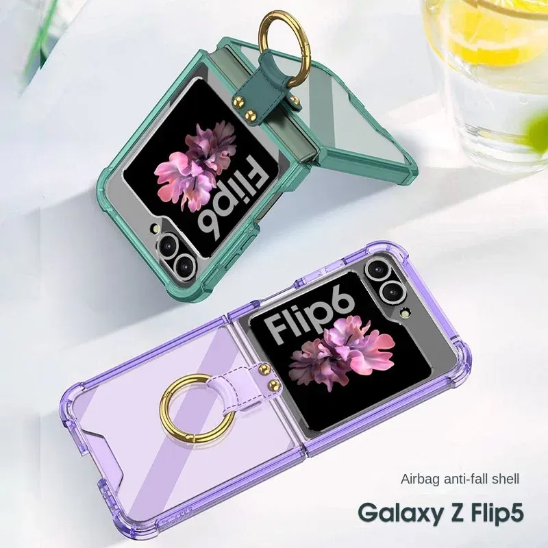 Color: Beige, Material: ABS - Electroplated Transparent Airbag Ring Phone Case for Samsung Galaxy Z Flip 6 5 Flip6 Flip5 5G Stand Shockproof Cover