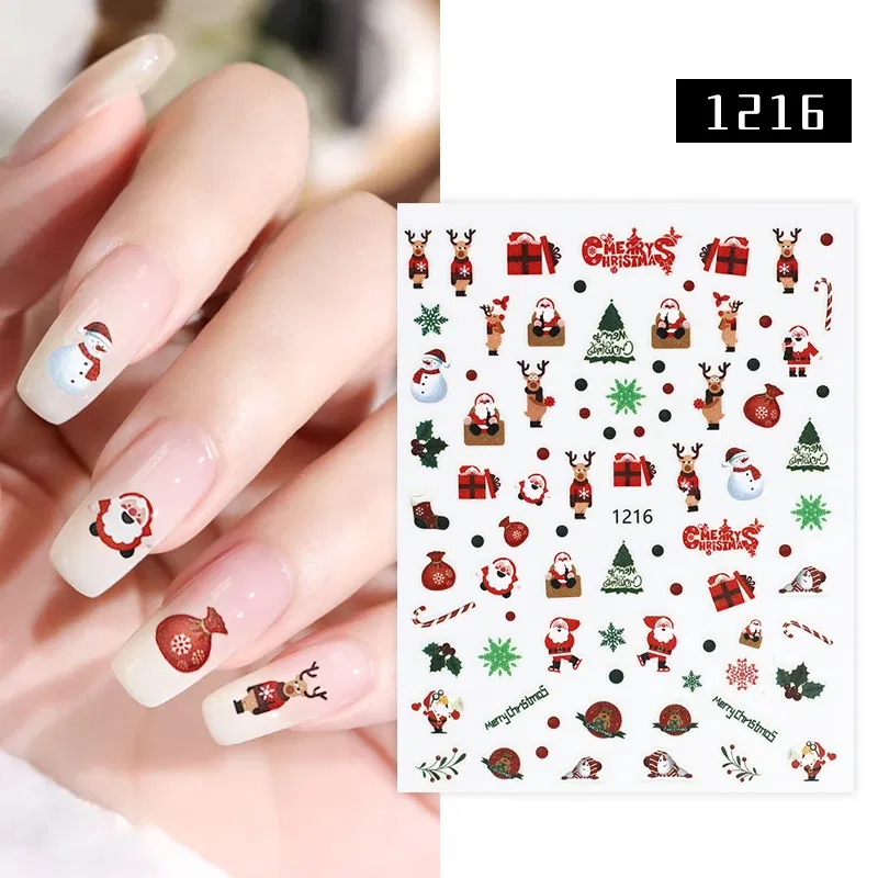 Color: Light Khaki - 1Pc Christmas Stickers Santa Claus Snowflake Decals Catoon Image Muti- Pattern New Year Halloween Nail Art Stickers for Manicure