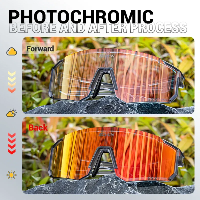 Color Name: Gold - SCVCN Color Photochromic Cycling Glasses Outdoo Fashion Sports Sunglasses Men MTB Cycling Sunglasses Women Road Bike Glasses