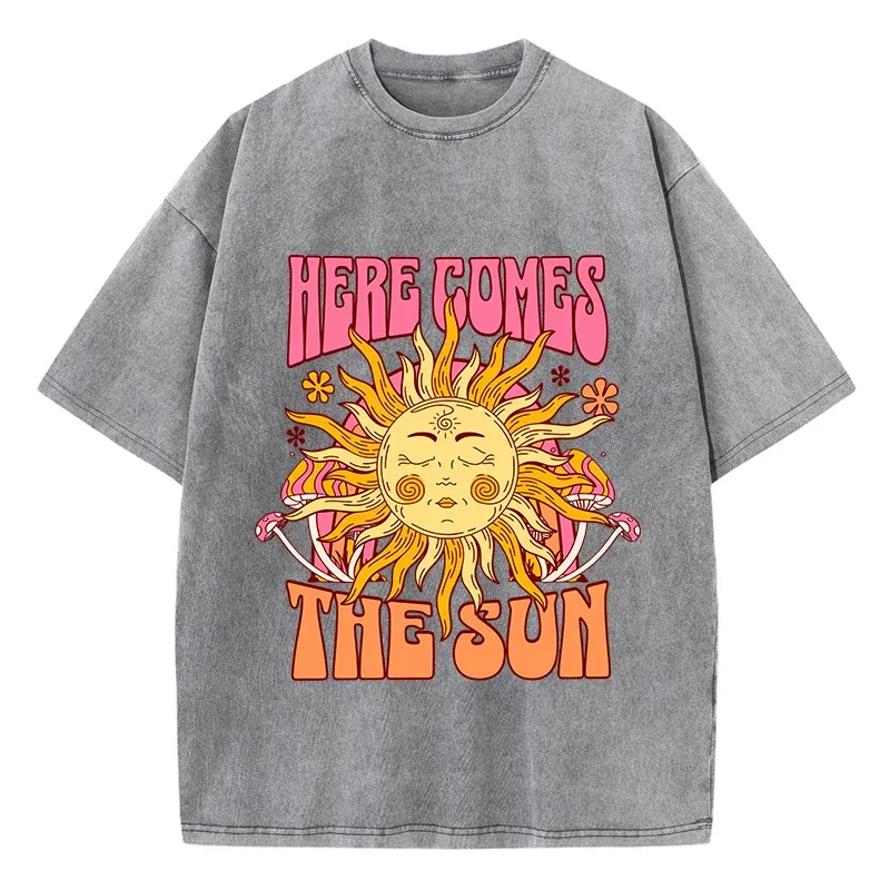 Color: army green, Size: XXL - Oversize Women's Washed T-Shirt Cotton Here Comes The Sun Prints T Shirts Casual O-Neck Short Sleeve Tops Loose Women's Clothes