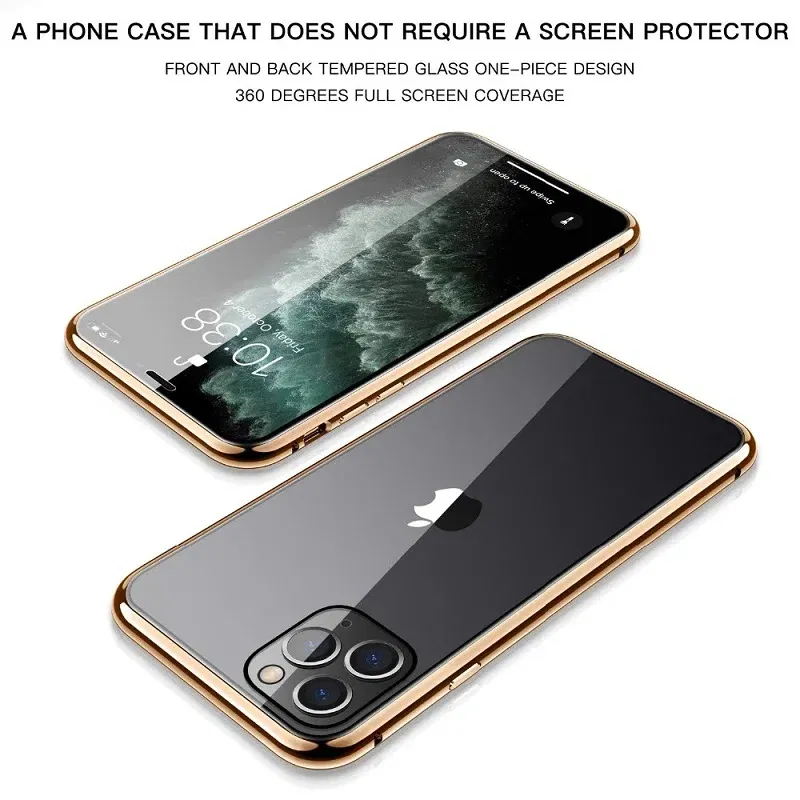 Color: Silver, Material: leather - Magnetic Metal Case For iPhone 15 14 13 12 11 Pro 14Pro Max XS X XR 7 8 14Plus 12 Mini SE 2020 Double Sided Tempered Glass Cover