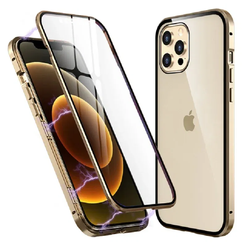 Color: Silver, Material: leather - Magnetic Metal Case For iPhone 15 14 13 12 11 Pro 14Pro Max XS X XR 7 8 14Plus 12 Mini SE 2020 Double Sided Tempered Glass Cover