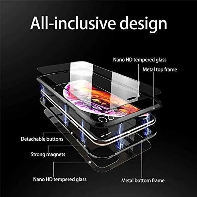 Color: Silver, Material: leather - Magnetic Metal Case For iPhone 15 14 13 12 11 Pro 14Pro Max XS X XR 7 8 14Plus 12 Mini SE 2020 Double Sided Tempered Glass Cover