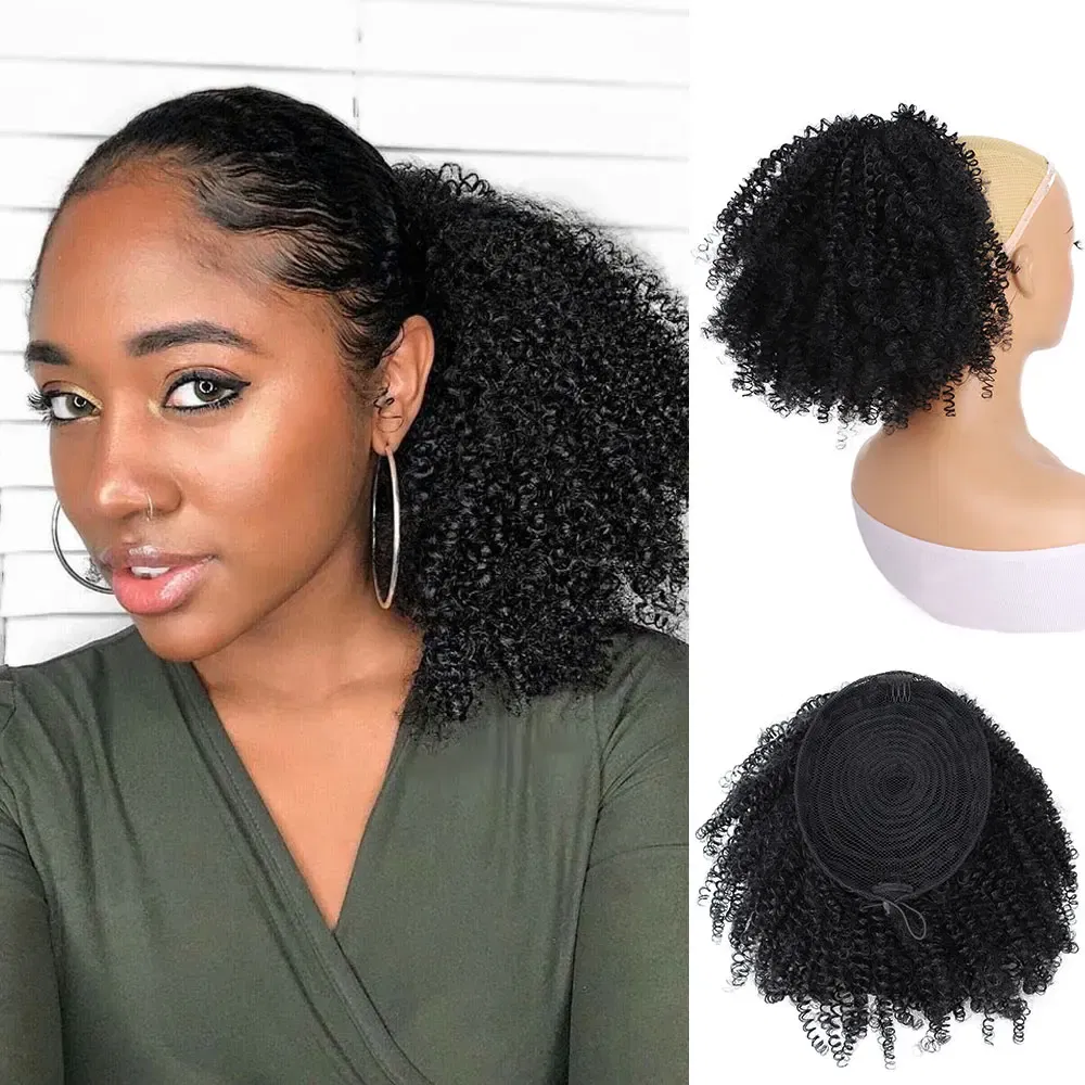Color: T1B/613 - Afro Puff kinky curly Drawstring Ponytail Bun Extension for Black Women Synthetic Short Afro Kinkys Curly Afro Hairpieces