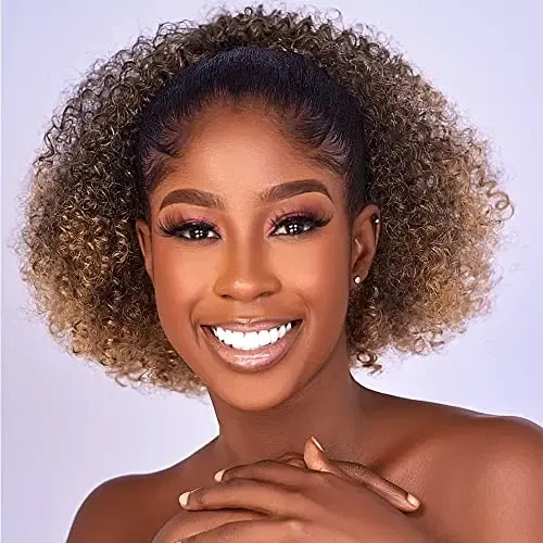 Color: T1B/613 - Afro Puff kinky curly Drawstring Ponytail Bun Extension for Black Women Synthetic Short Afro Kinkys Curly Afro Hairpieces