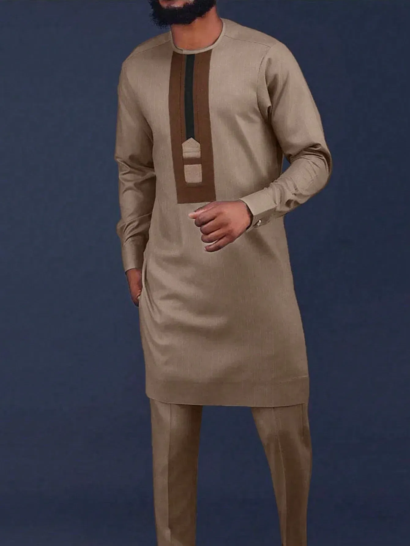 Color: MULTI, Size: M - New Men's Tenos Wedding 2-Piece Suit Waist Pants Shirt Solid Color Panel Long Sleeve Party African Ethnic Style Clothing (M-4XL)