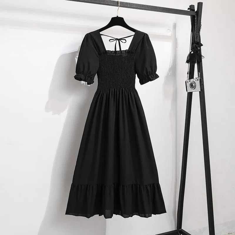 Color: black, Size: One Size - Summer Pleated Women Chiffon Dresses Casual Beach Holiday Short Sleeve Square Collar Woman Midi Dress Bohemian Mujer Vestidos