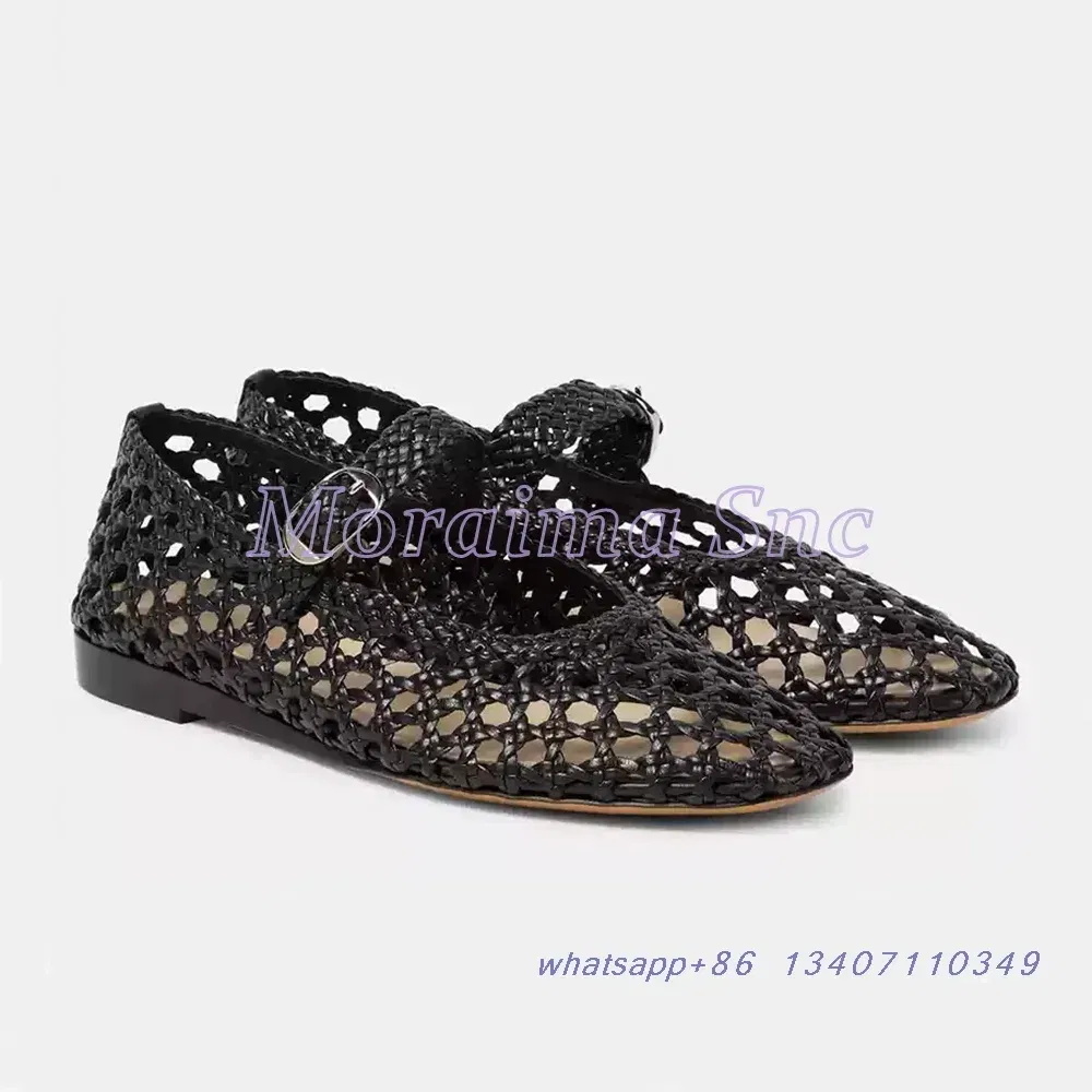 Color: Brown, Shoe Size: 36 - Hollow Woven Leather Ballet Shoes Flat With Round Toe Ankle Buckle Strap Fashion Shallow Women Shoes Mary Janes Summer New 2025