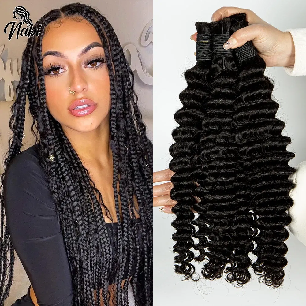 Color: Golden Brown, Material Grade: virgin hair, Longest Hair Proportion: 30%-55%, Stretched Length: 28inches, Bulk Buy: 6pcs/lot - NABI Deep Wave Boho Braiding Hair Bulk 16inches No Weft Human Hair Extension Curly Hair Bundles for Boho Braids