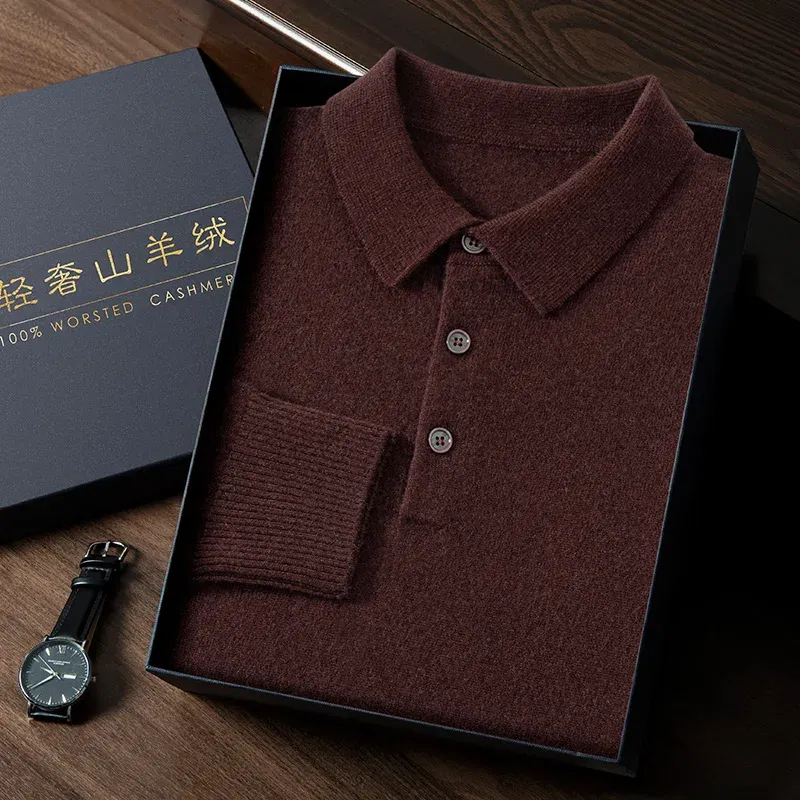 Color: Brown, Size: L - High Quality Men's 100% Cashmere POLO Collar Pullover Soft Elastic Autumn Winter Business Casual Solid Color Knitted Sweater