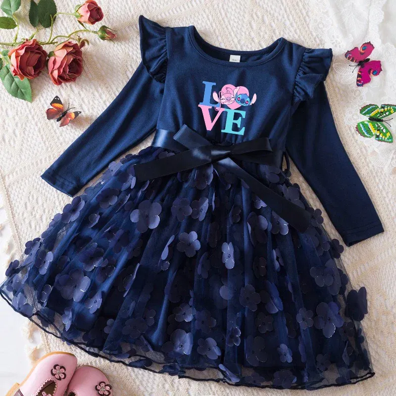 Color: APRICOT, Size: One Size, Height: 158 - Lilo Stitch Girl Baby Dresses Spring Autumn Child Long Sleeve Sweet Princess Dress Mesh Newborn Casual Dress Birthday Party 2-6Y