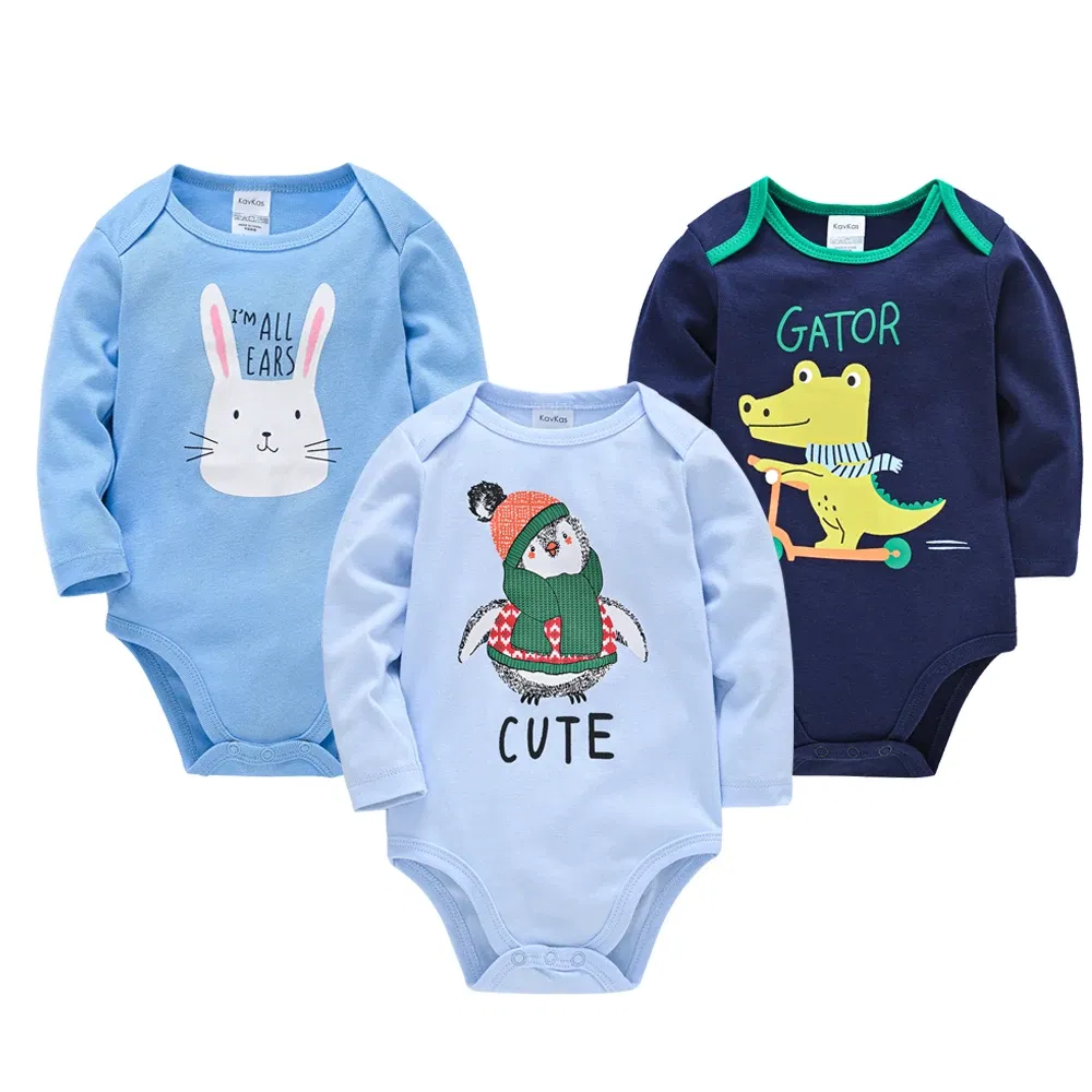 Color: SKY BLUE, Kid Size: 18M - Kavkas Baby Boys Girls Bodysuit 3 PCS Long Sleeve 100% Cotton Baby Clothes 0-12 Months Newborn Body Bebe Jumpsuit Clothing