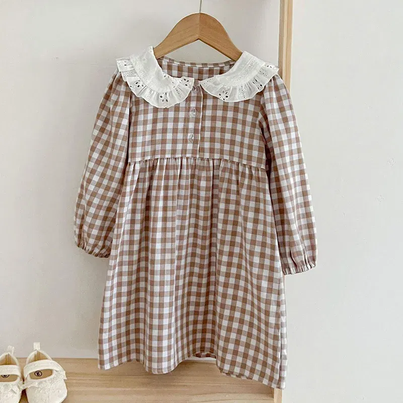 Color: Red, Kid Size: 4T - Spring Autumn Kids Baby Girls Long Sleeve Sweet Doll Collar Plaid Princess Dress Kids Baby Girls Dress Children Clothes Dress