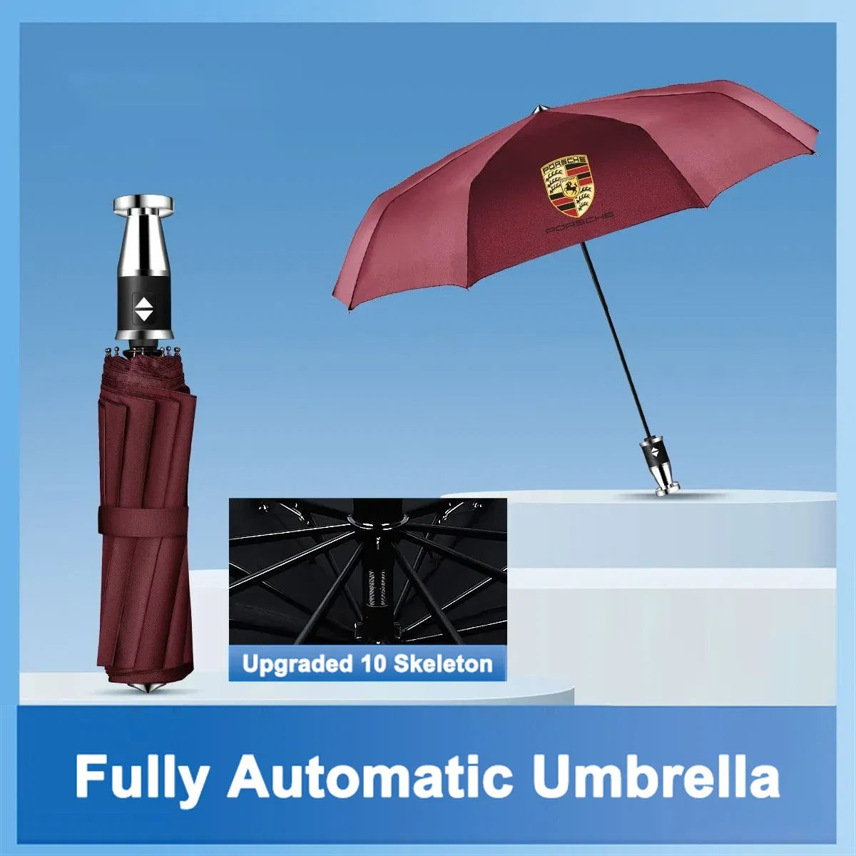 Color Name: GRAY - High-end Car Emblems Folding Sunshade Windproof Umbrella For Porsche Boxster Cayman Cayenne 911 Macan Panamera Auto Accessories
