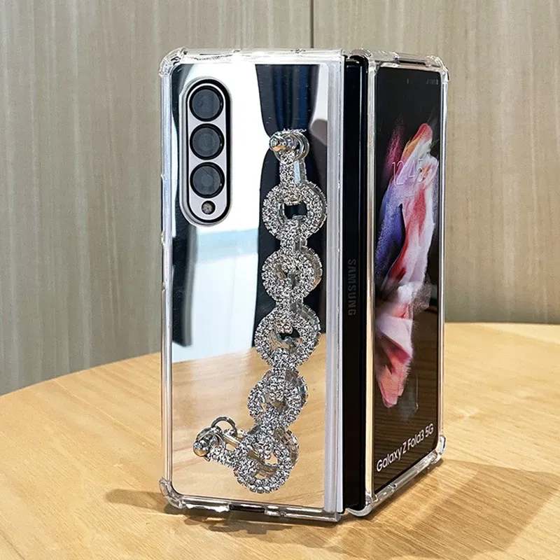 Color: Beige, Material: CANVAS - Luxury Rhinestone Bracelet Phone Cover For Samsung Galaxy Z Fold 6 5 4 3 Makeup Mirror Soft TPU Frame Shockproof Case For Woman